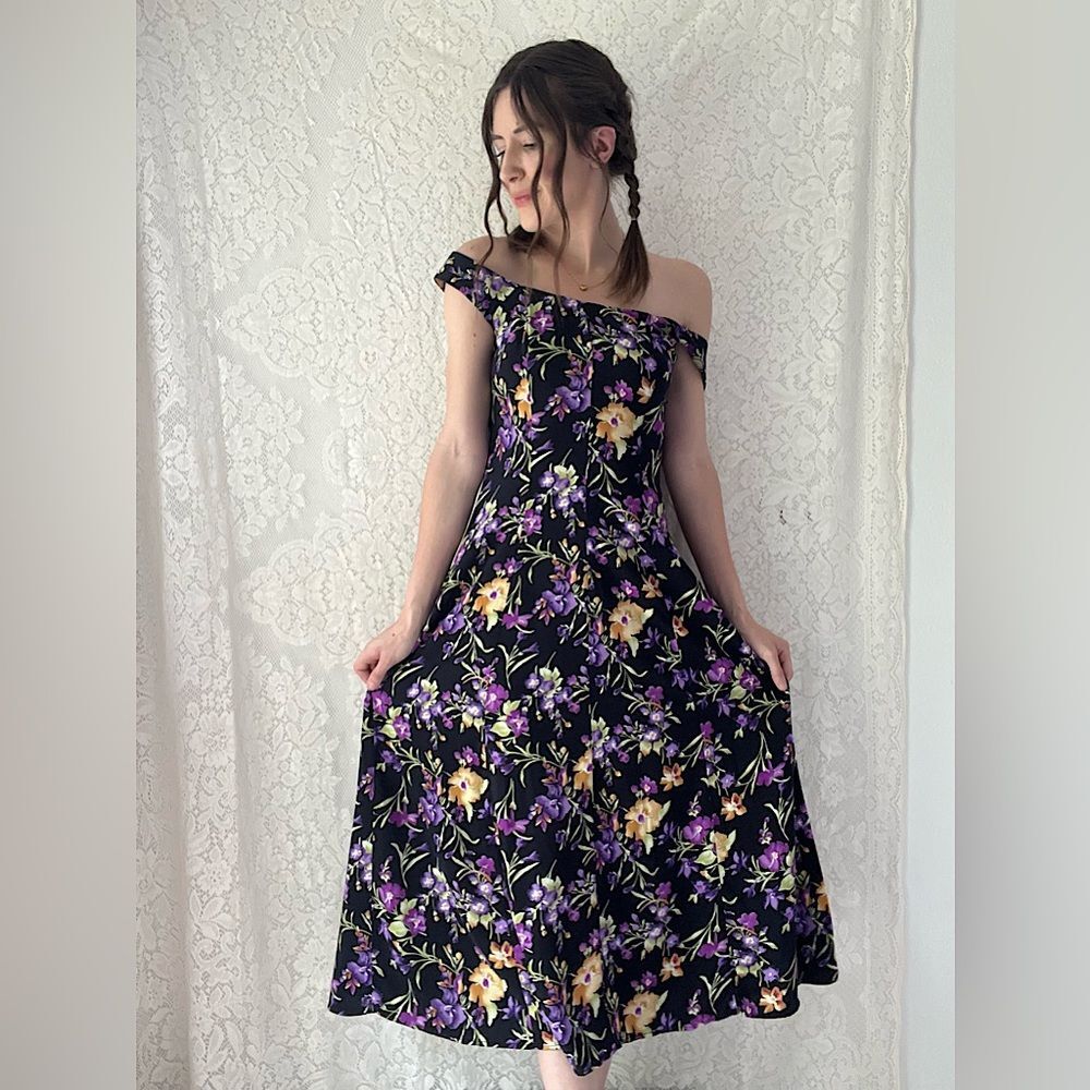 Vintage 80s All That Jazz Black Floral Midi Dress Crisscross Back Size 7/8